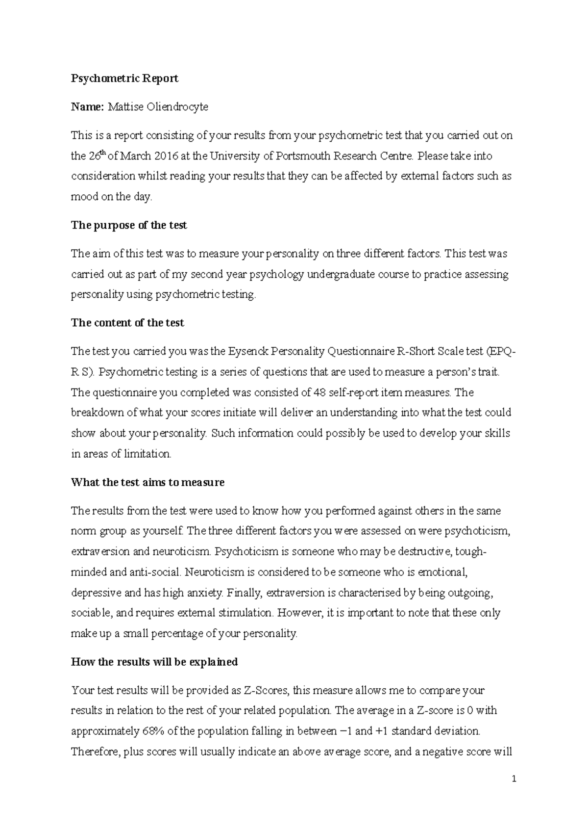 Individual difference (part 1) - Psychometric Report Name: Mattise ...