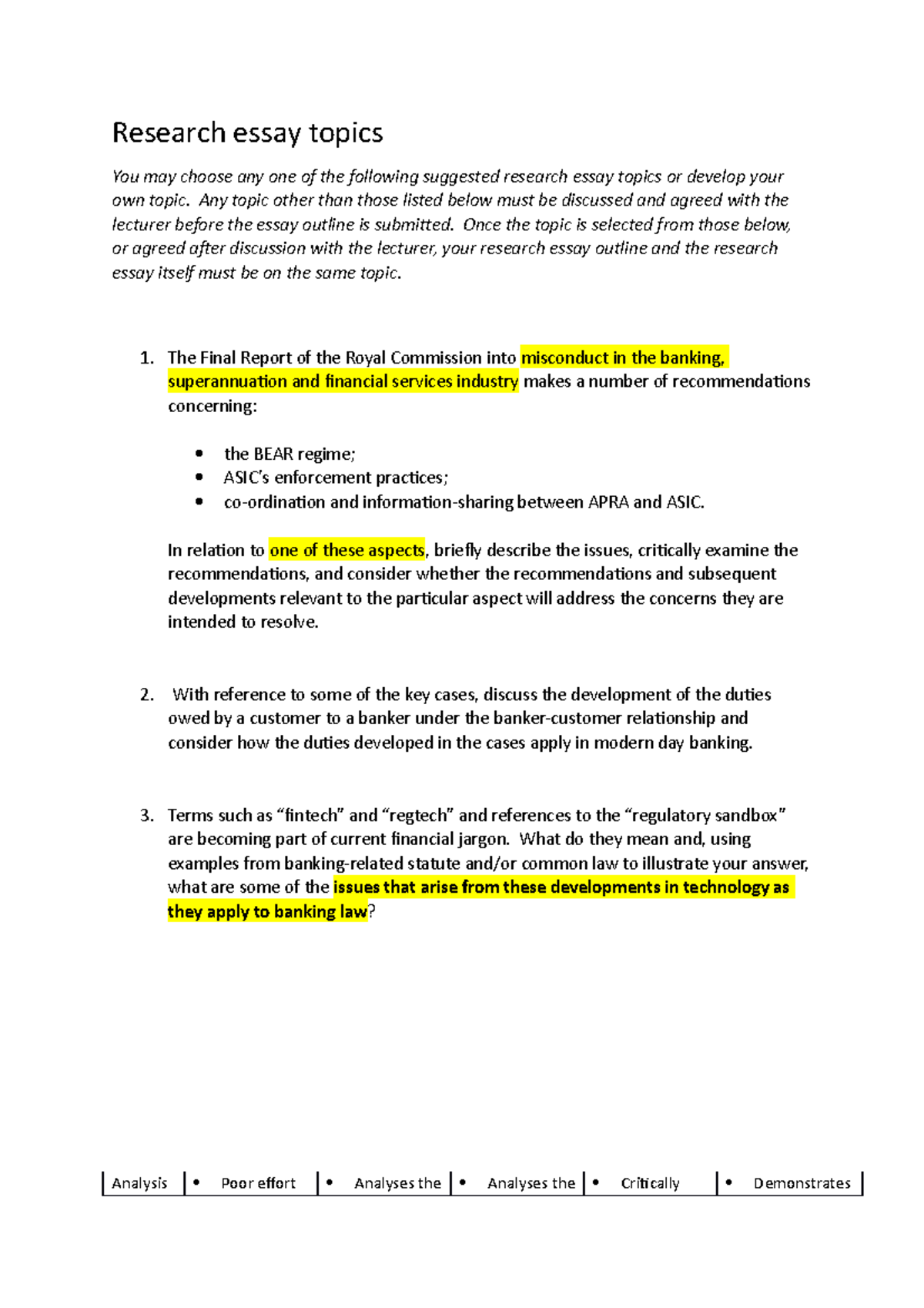 Banking Topics - notes - Research essay topics You may choose any one ...