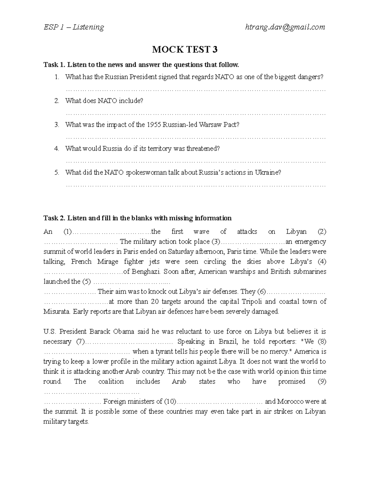 [ESP1] Mock test 3 + key Mock test ESP 1 Listening htranggmail