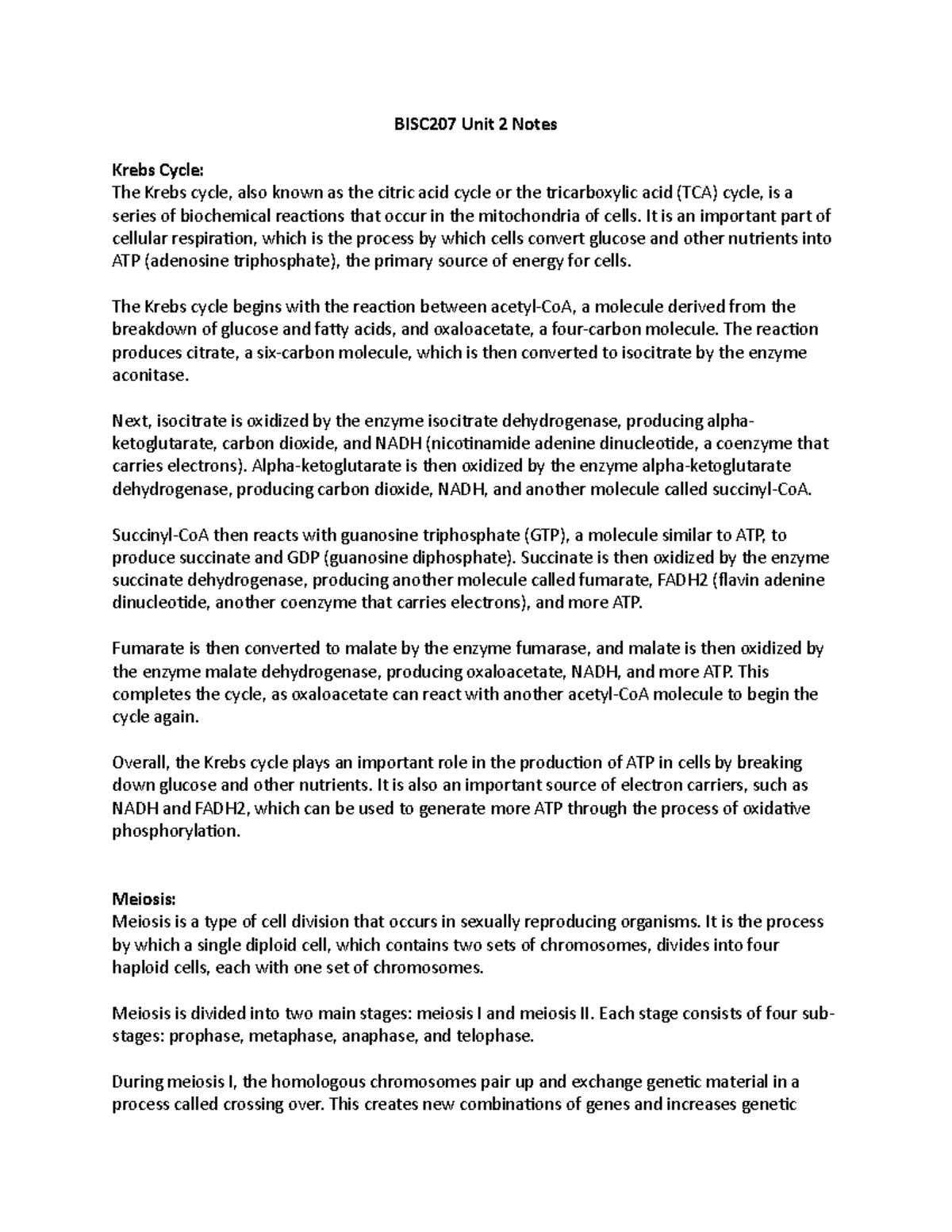 BISC207 Unit 2 Notes Key terms and themes BISC207 Unit 2 Notes
