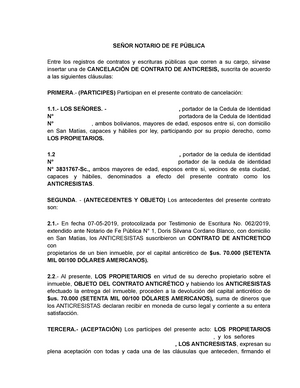 Cancelacion DE Anticretico 01 - SEÑOR NOTARIO DE FE PÚBLICA Entre los  registros de contratos y - Studocu