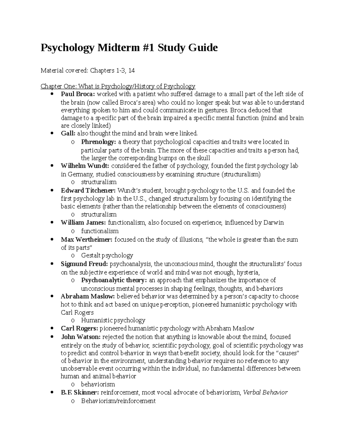 Psychology Midterm 1 Study Guide - Psychology Midterm #1 Study Guide ...