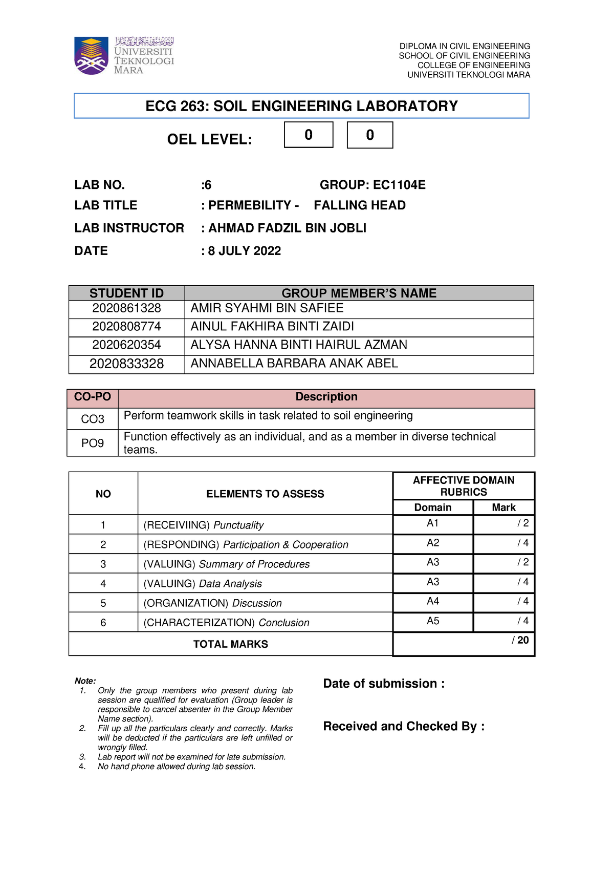 LAB 6- Falling HEAD - Permeability - SCHOOL OF CIVIL ENGINEERING ...