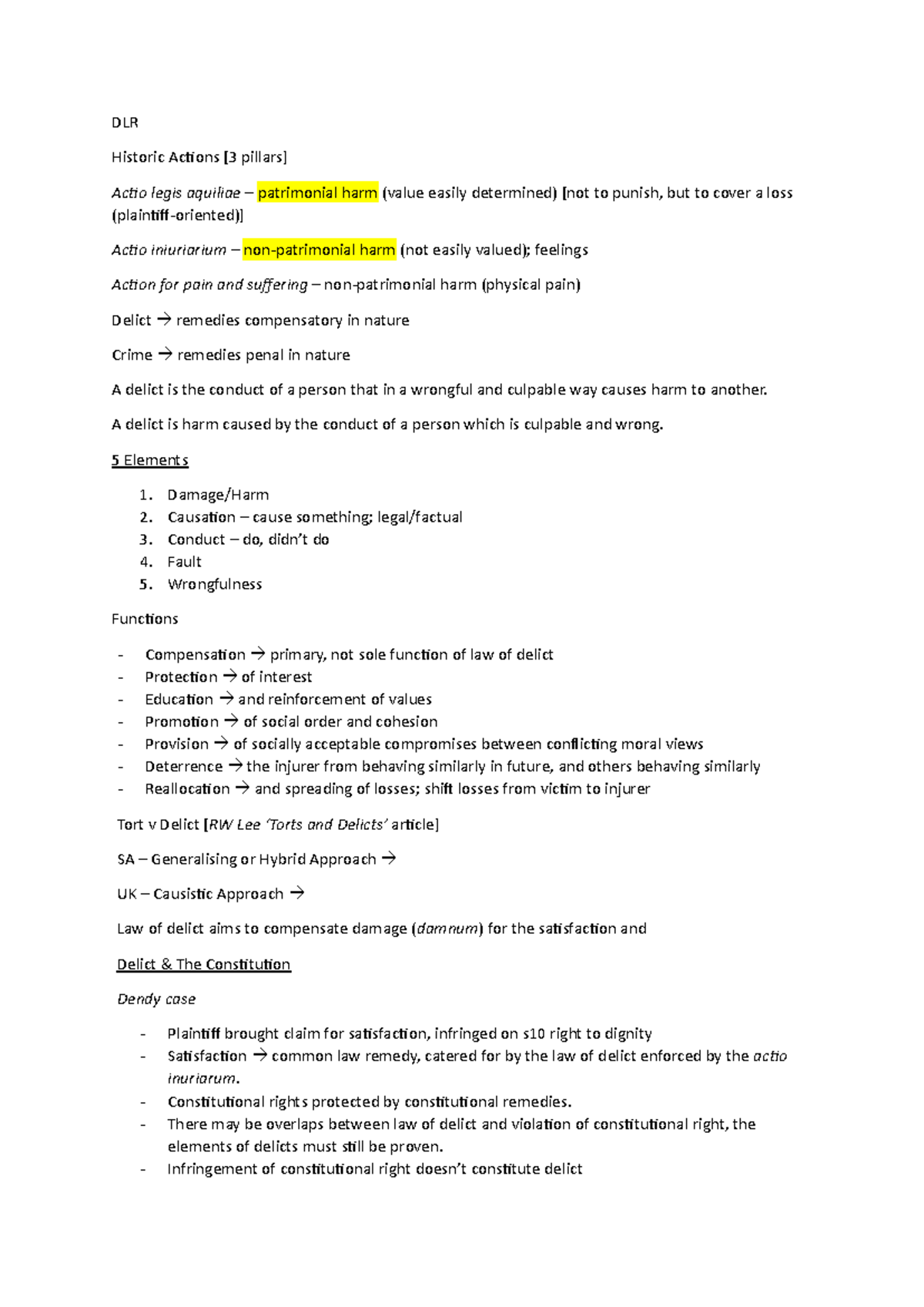 DLR Notes - Summary Law of delict - DLR Historic Actions [3 pillars ...