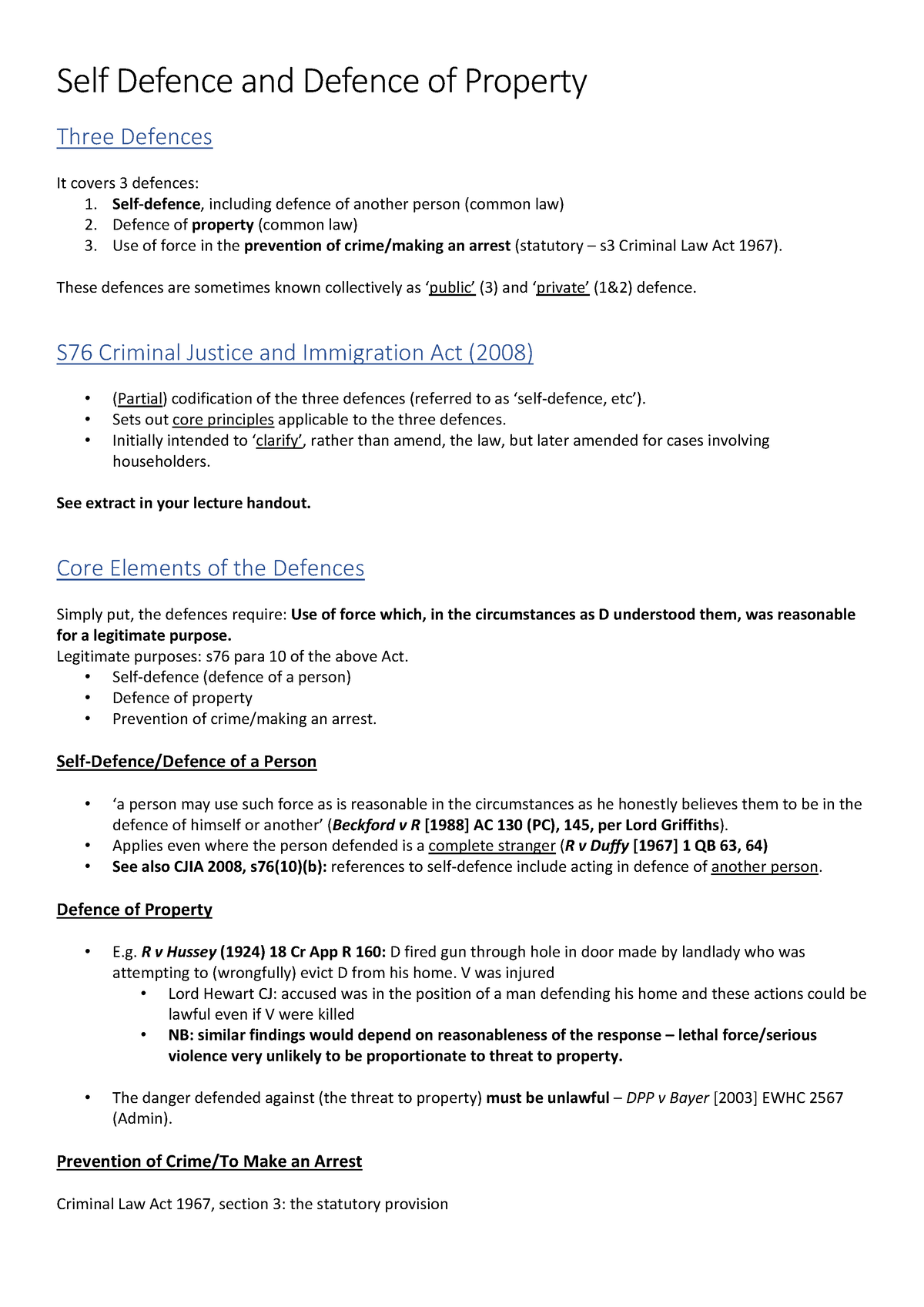 Lecture 14 Criminal Law Notes Self Defence And Defence Of Property Crim ...