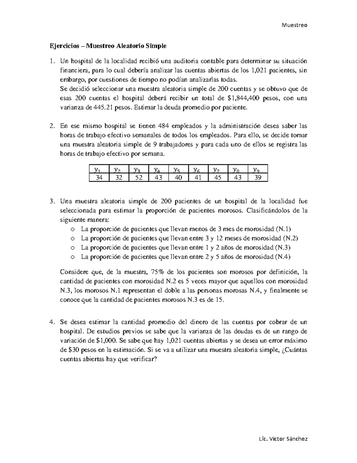 Muestreo Aleatorio Simple 2023 Muestreo Lic VÌctor S·nchez Ejercicios Muestreo Aleatorio 8435