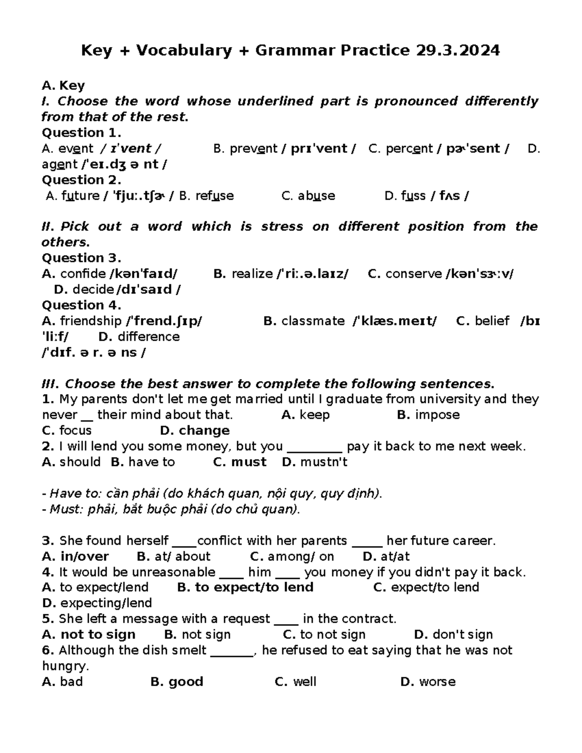 11 ( Oct 29th^J 2021) - Key + Vocabulary + Grammar Practice 29. A. Key ...