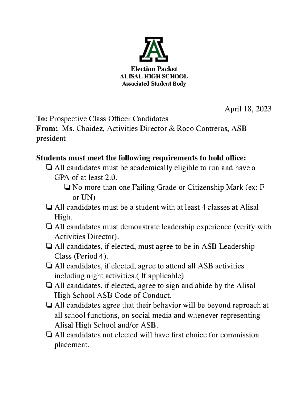 Rogelio Jacinto - need help - Election Packet ALISAL HIGH SCHOOL ...