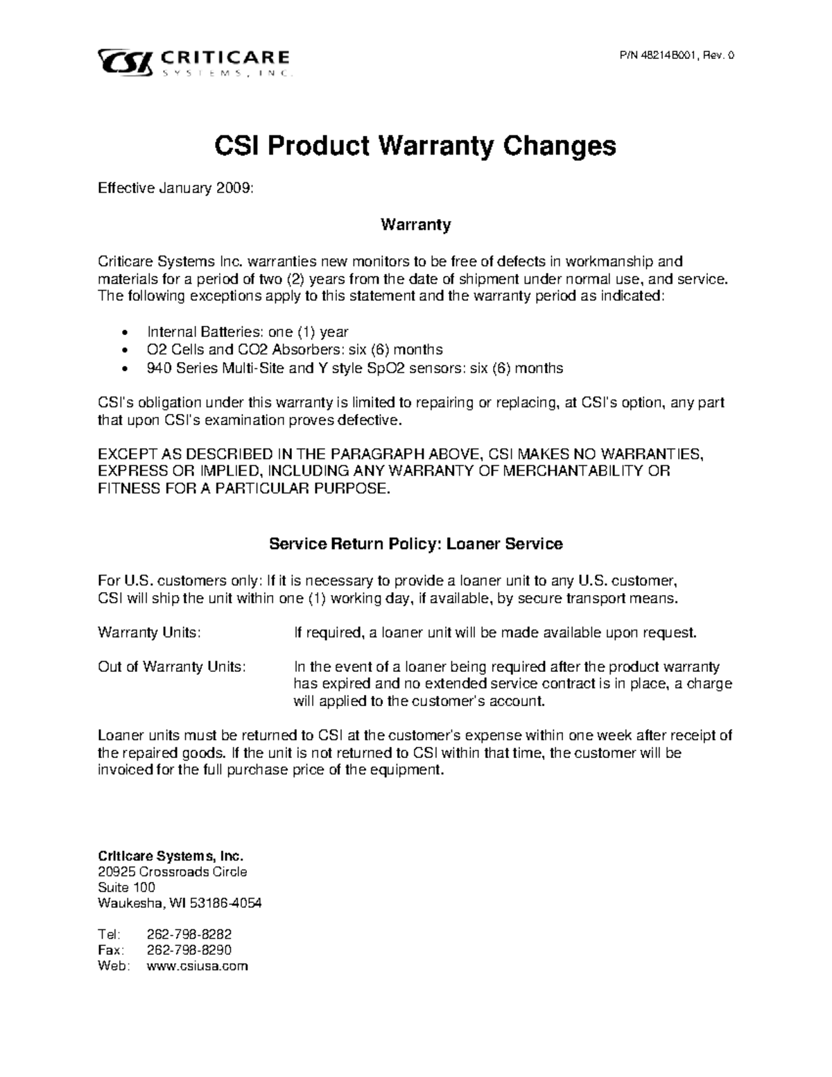 48214 B001 Rev0 CSI Product Warranty Info P/N 48214B001, Rev. 0 CSI