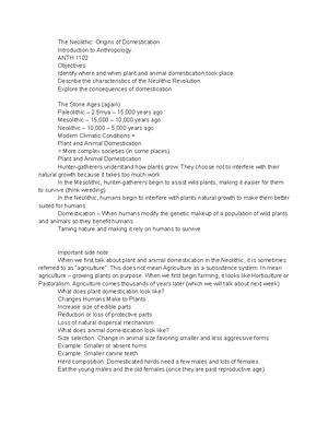 23 - Notes - The Neolithic: Origins Of Domestication Introduction To ...