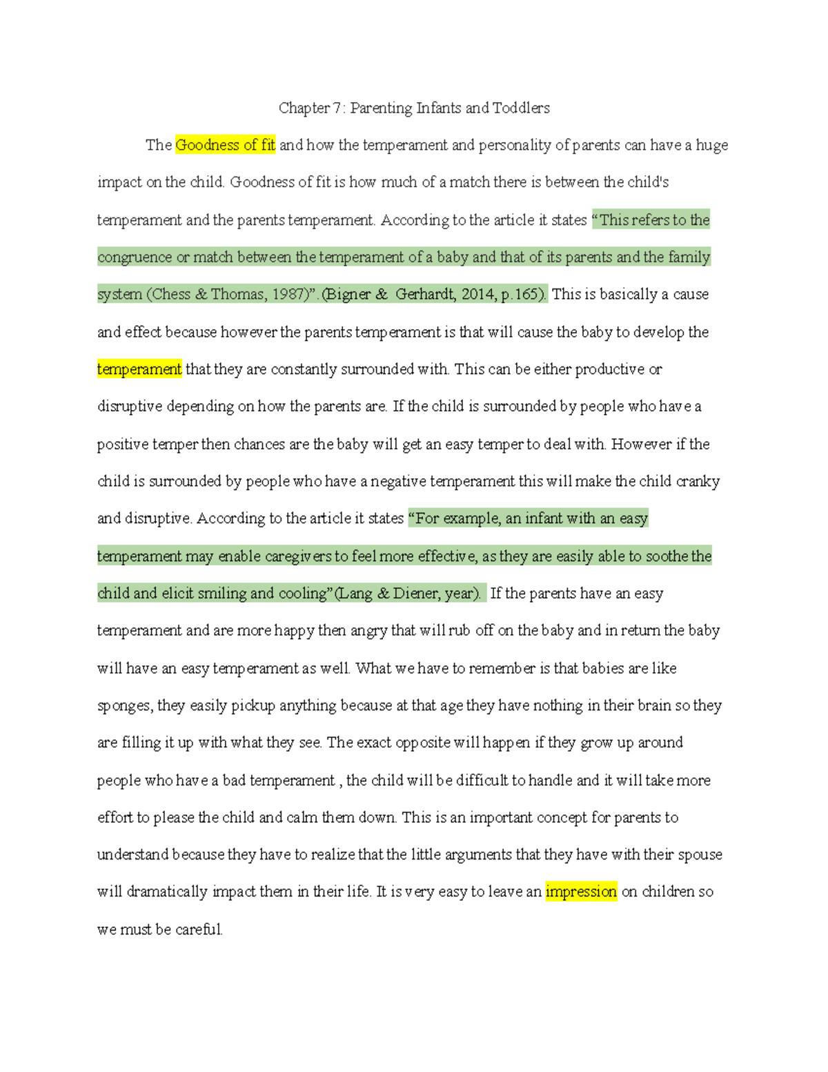 SELL 8 summary essay Chapter 7 Parenting Infants and Toddlers The