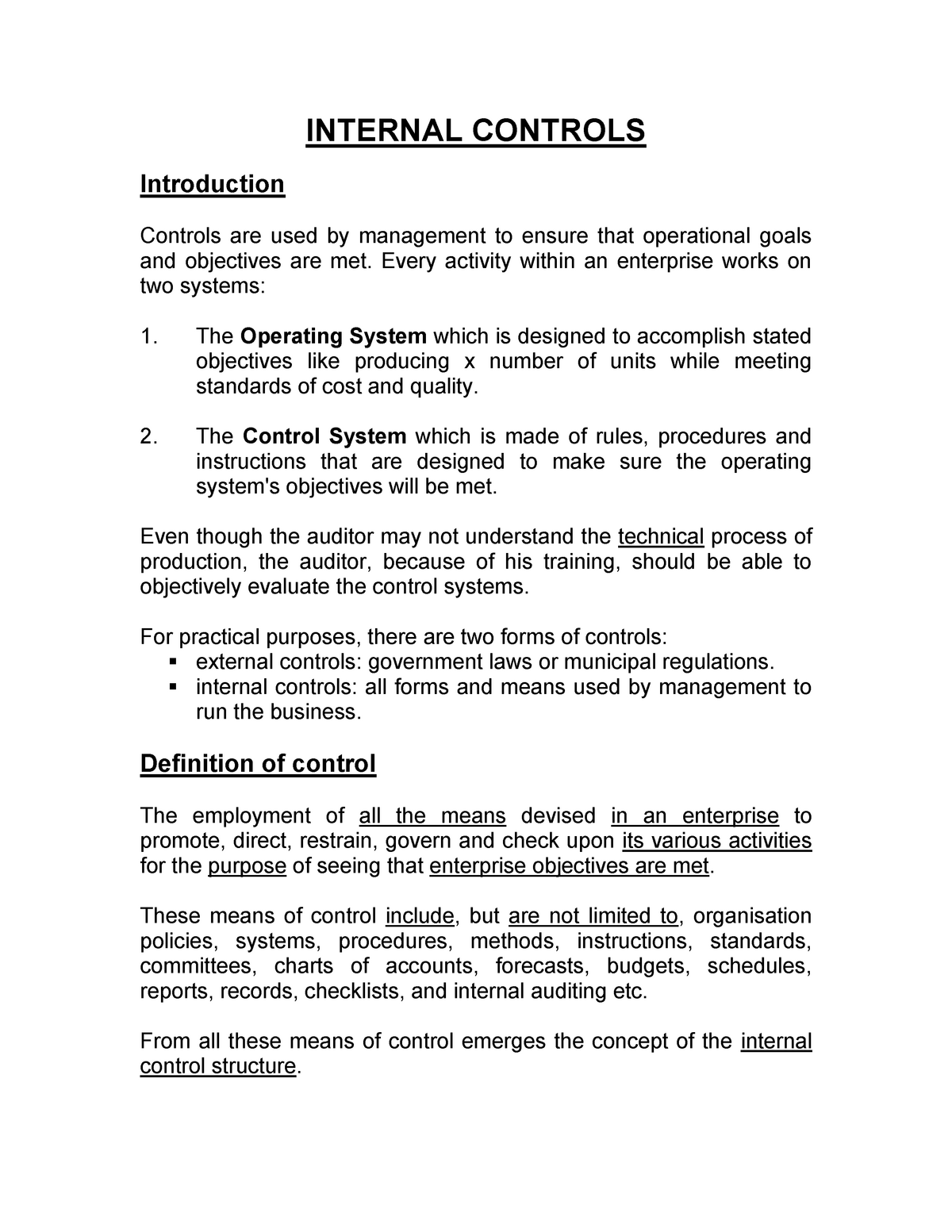 SOLUTION: 1 page summary internal controls - Studypool