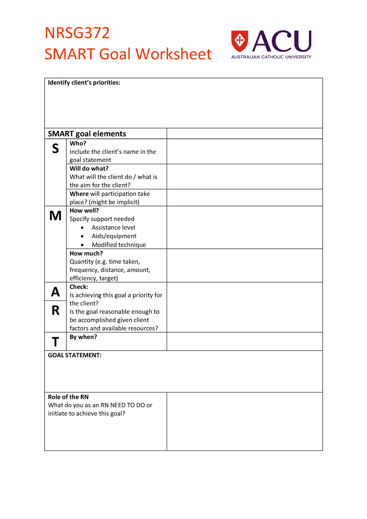 NRSG372 Smart Goal Worksheet - NRSG SMART Goal Worksheet Identify ...