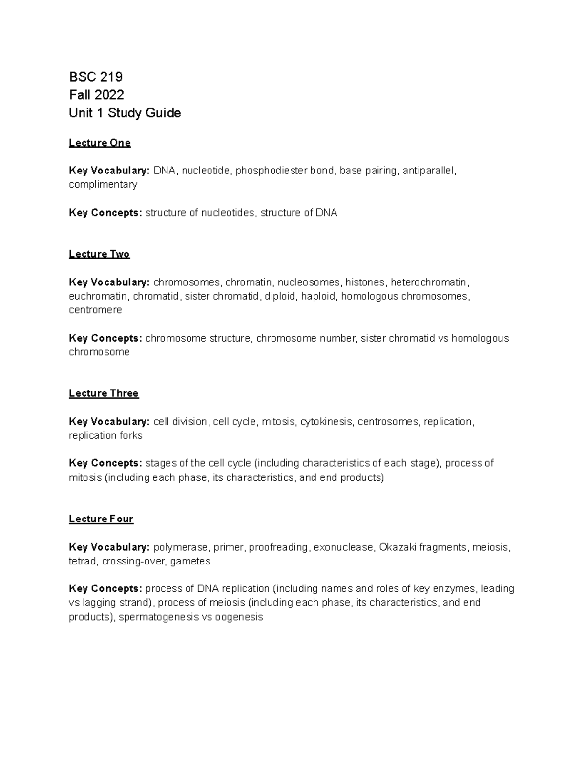 Unit 1 Exam Study Guide Bsc 219 Fall 2022 Unit 1 Study Guide Lecture