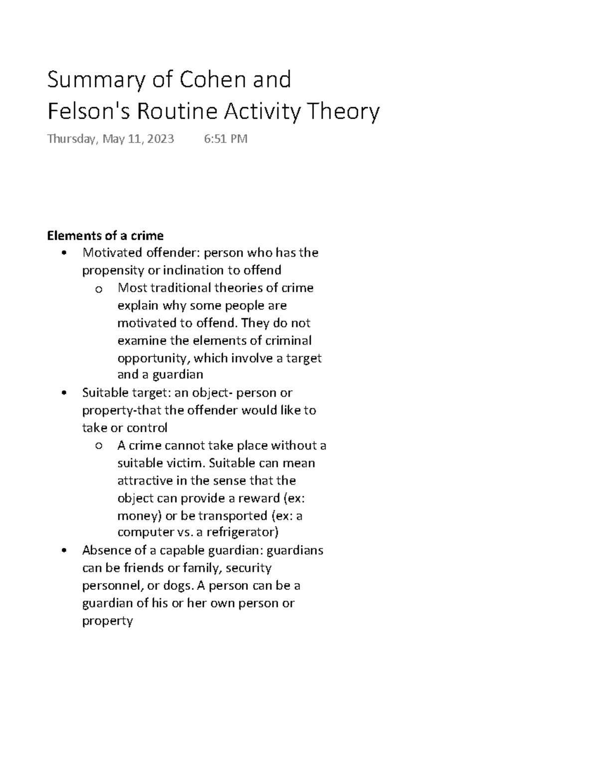 Summary Of Cohen And Felson's Routine Activity Theory - Elements Of A ...