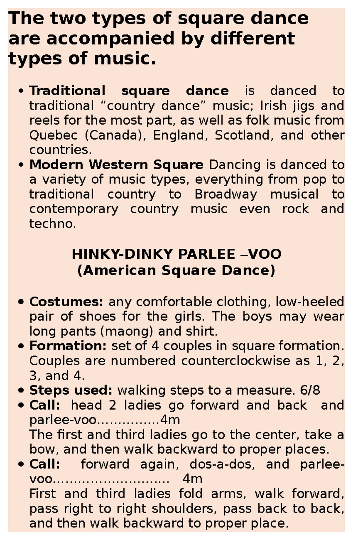 PHYSICAL EDCATION2 The two types of square dance are by different types of music