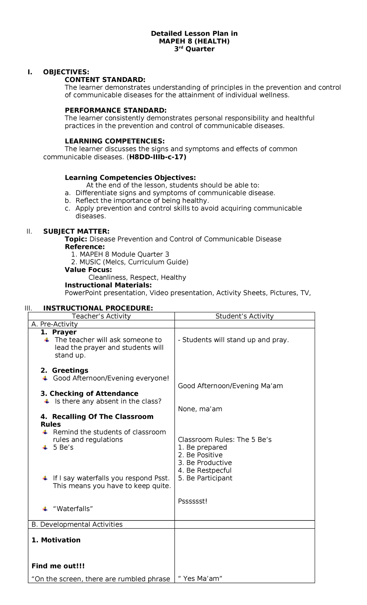 Lesson PLAN IN Mapeh 8 Health 3rd Quarter - Detailed Lesson Plan in ...