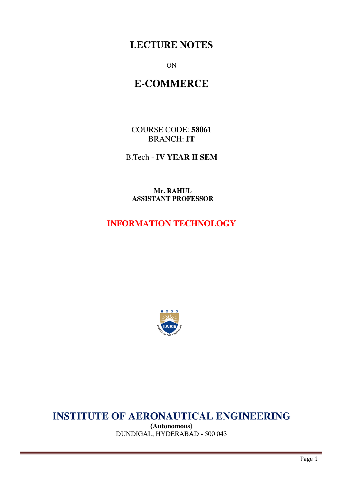 IARE E-Commerce Lecture Notes - LECTURE NOTES ON E-COMMERCE COURSE CODE ...