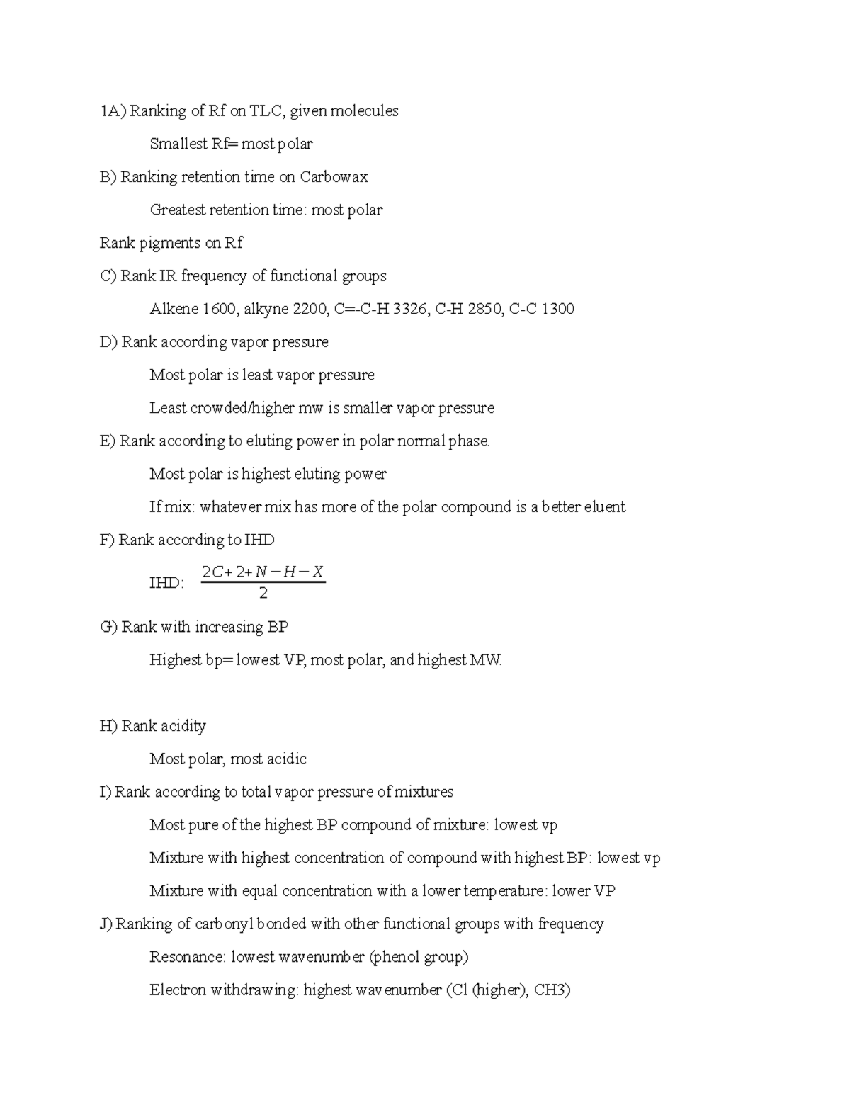 233 Midterm Study Guide - 1A) Ranking of Rf on TLC, given molecules ...
