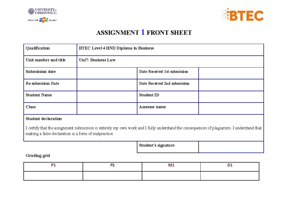 736 assignment 1 - ythgfh - ASSIGNMENT 1 FRONT SHEET Qualification BTEC ...