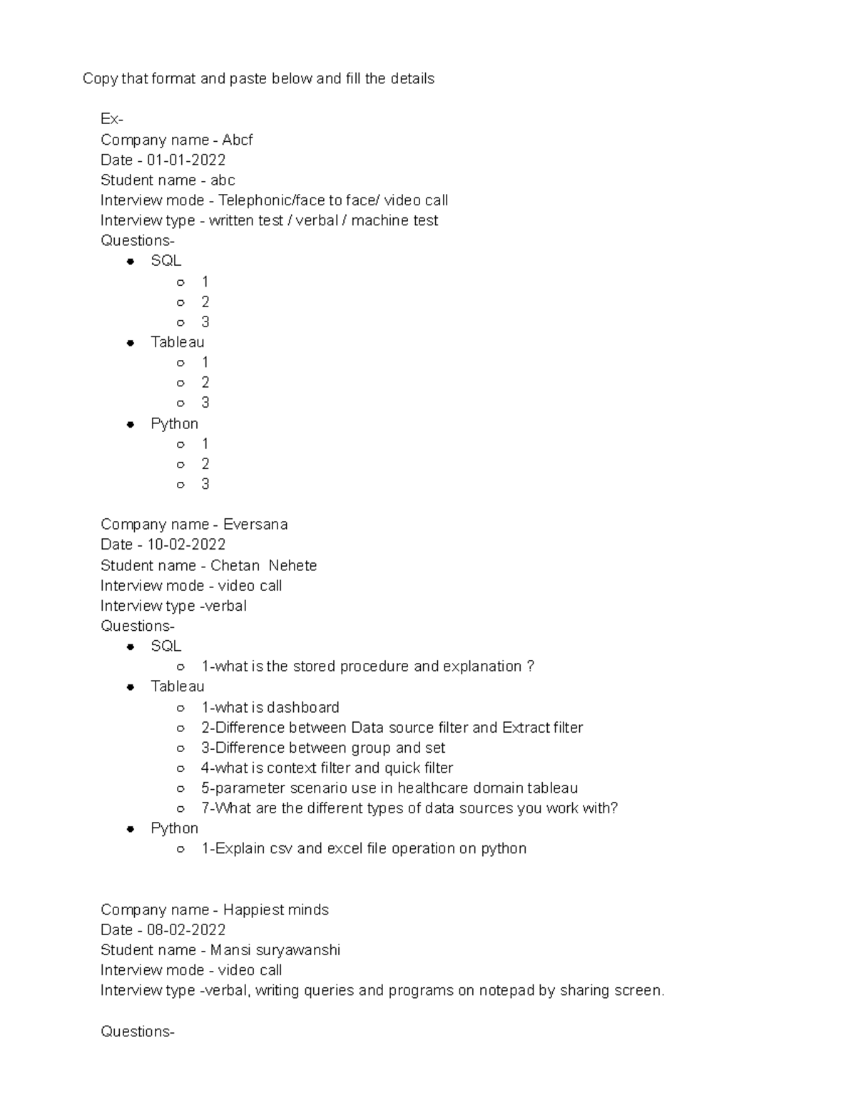 DA Interview Questions - Copy that format and paste below and fill the ...