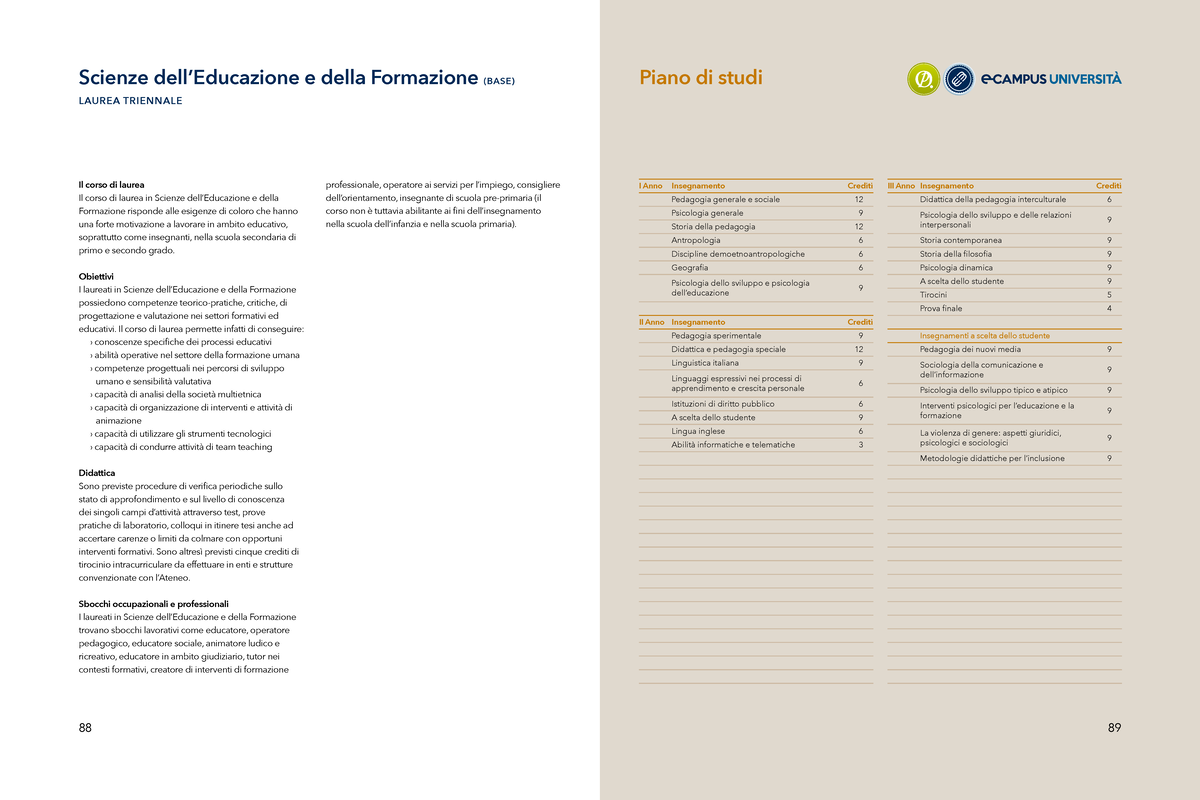 Scienze dell Educazione e della Formazione 2021 - 89 Piano di studi I