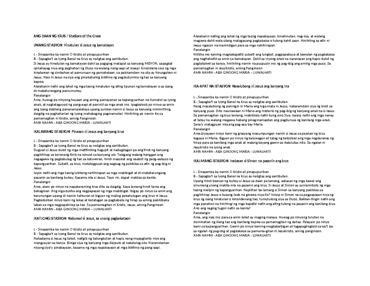 Daan ng Krus Maikli - ANG DAAN NG KRUS / Stations of the Cross UNANG ...