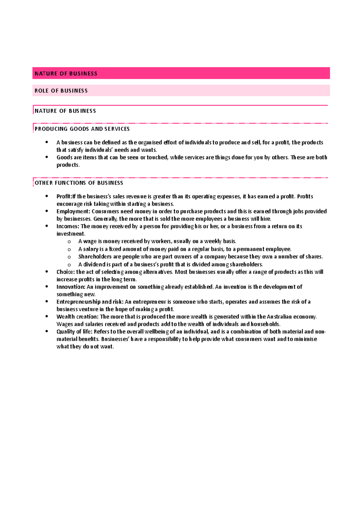 Business notes - NATURE OF BUSINESS ROLE OF BUSINESS NATURE OF BUSINESS ...