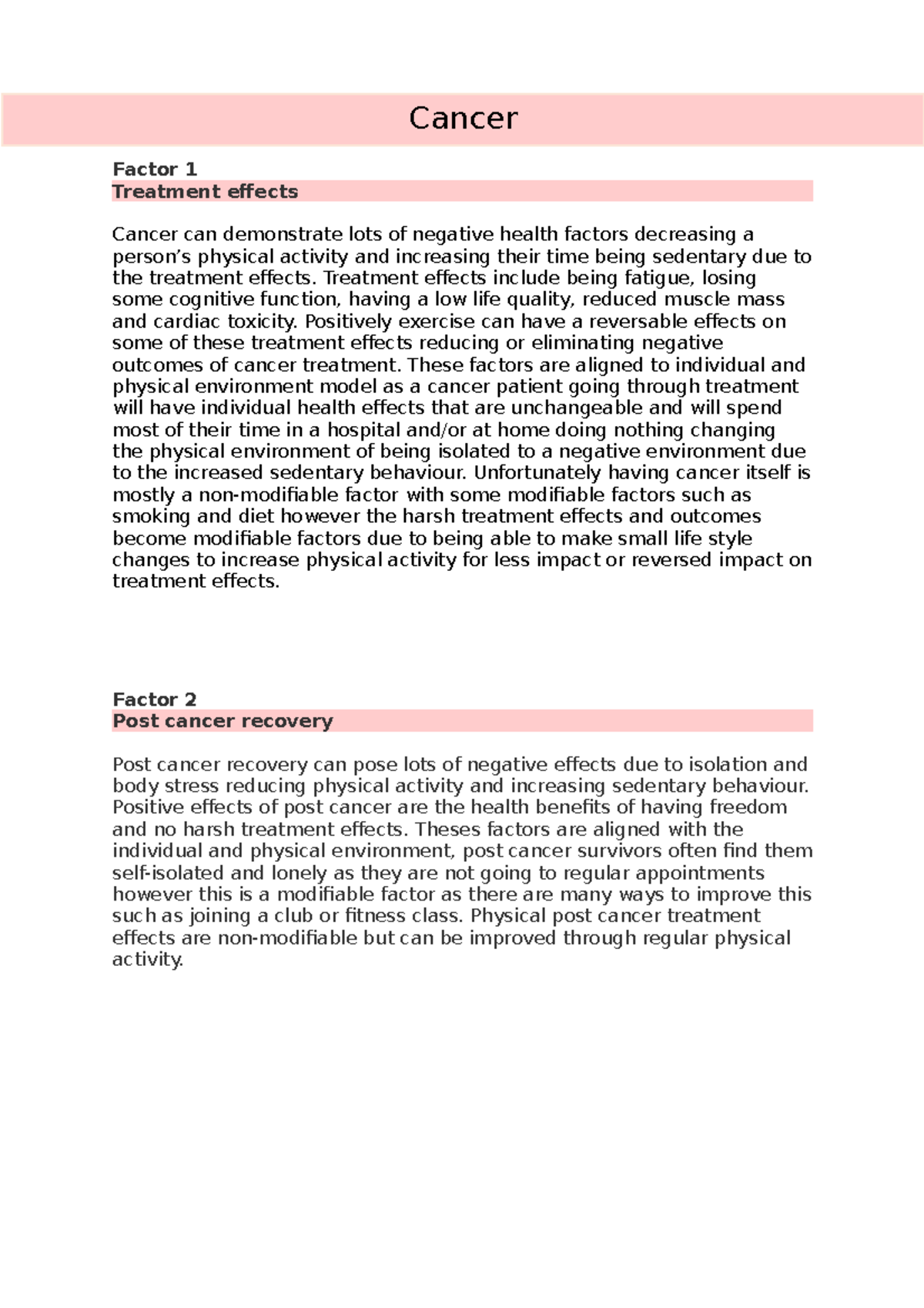 Cancer - physical activity - Cancer Factor 1 Treatment effects Cancer ...