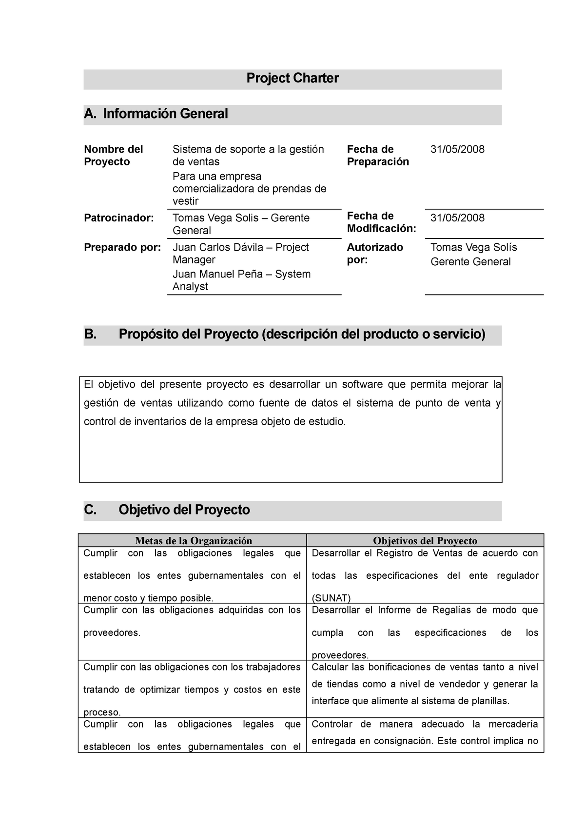 Ejemplo De Project Charter - Project Charter A. Información General ...