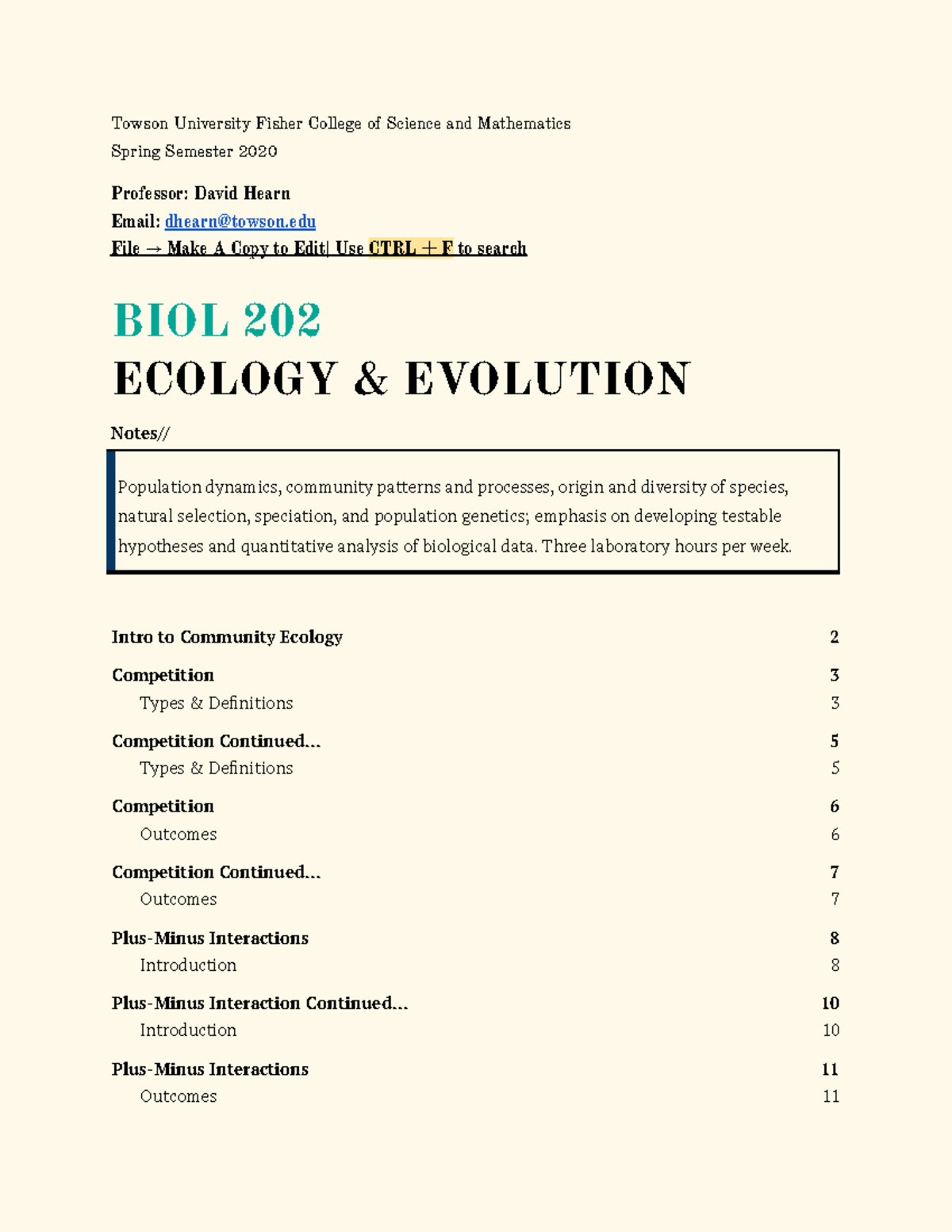 Biol 202 Lecture Notes Part 2 - Towson University Fisher College of ...