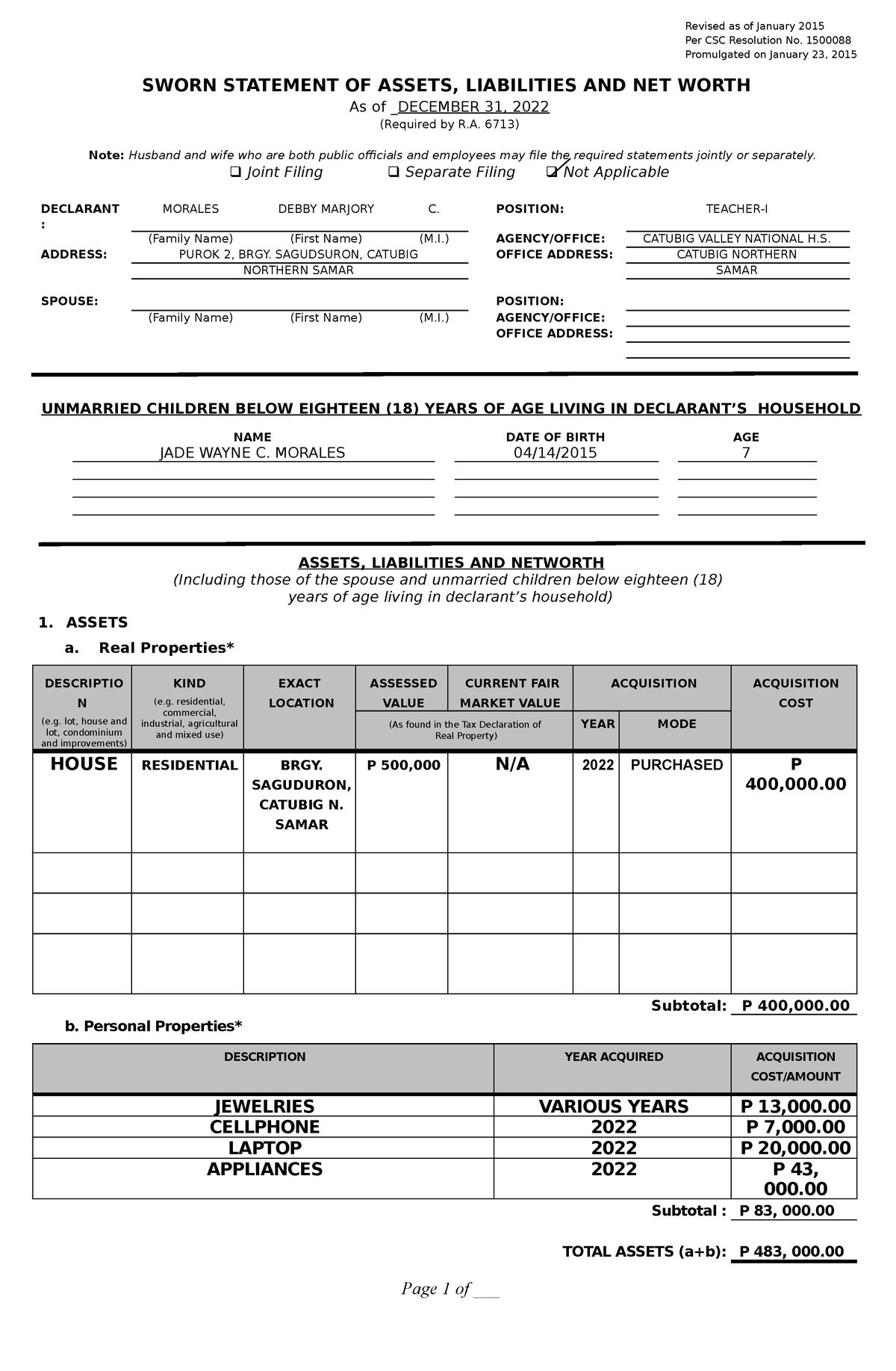 2015 SALN Form - example of saln - Revised as of January 2015 Per CSC ...