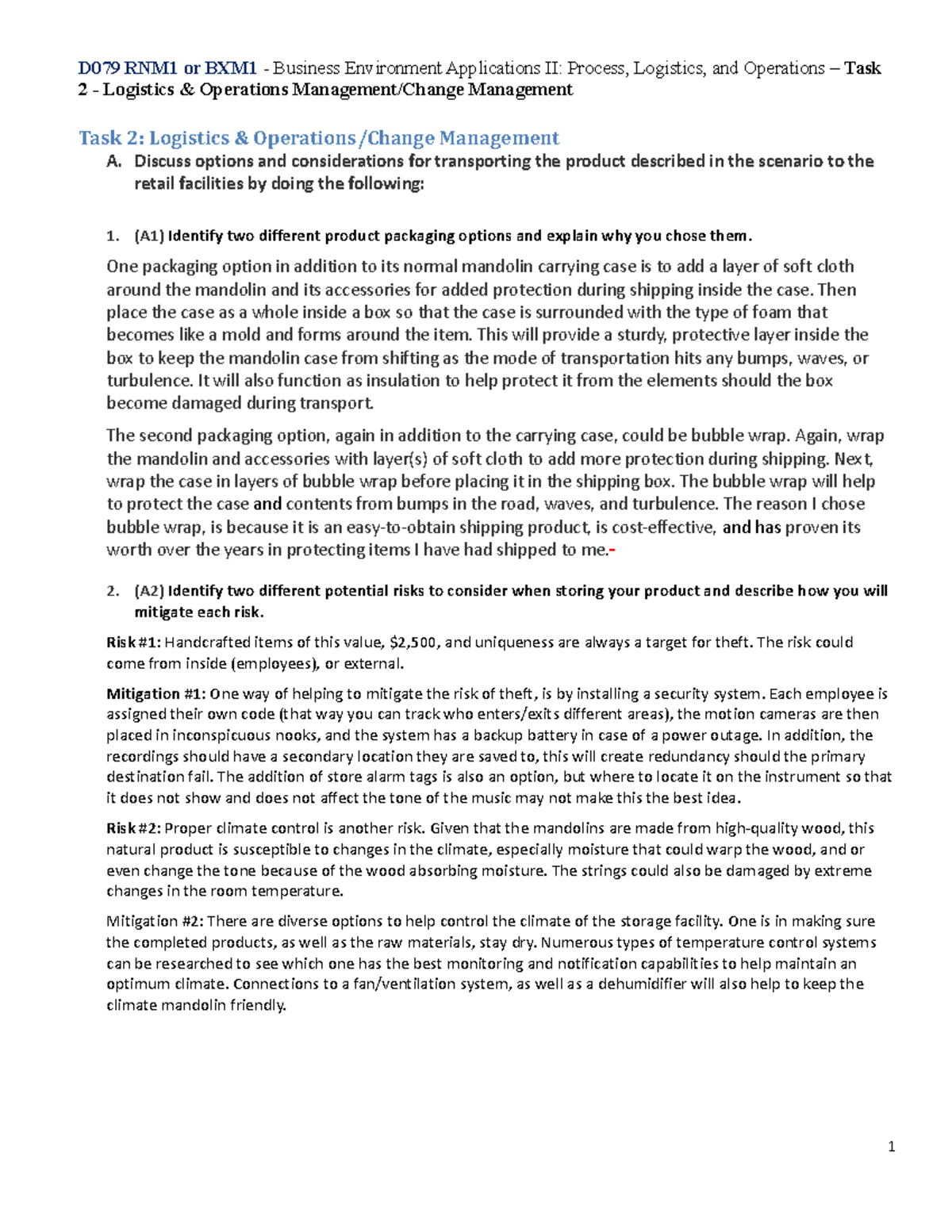 Rvsd Final - Task 2 D079 - Logistics and change management. Discuss ...