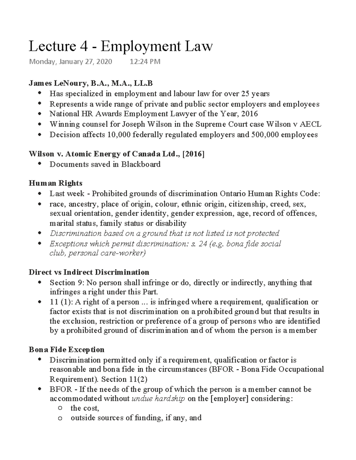Lecture 4 - Employment Law - James LeNoury, B., M., LL - Has ...