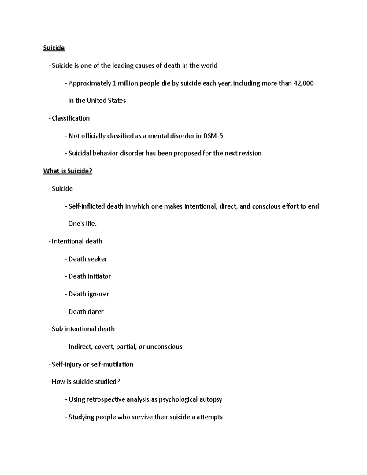 Abnormal Psychology - Chpt 9 - Suicide - Suicide is one of the leading ...