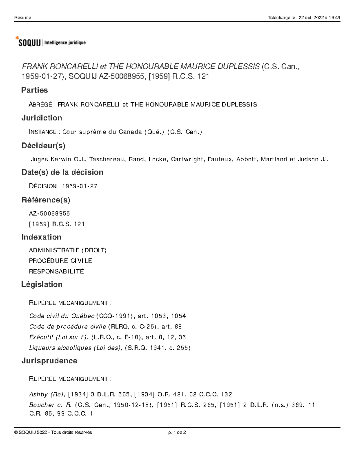 Roncarelli résumé - FRANK RONCARELLI et THE HONOURABLE MAURICE ...