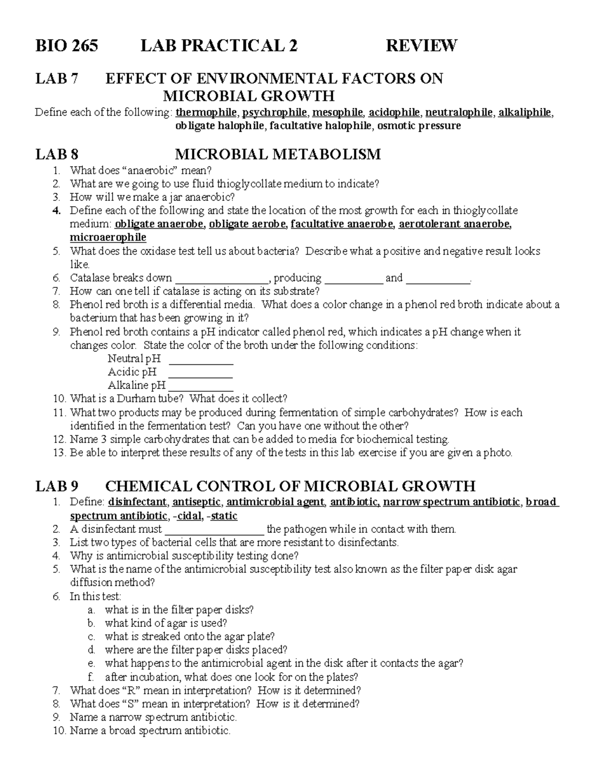LAB Practical 2 Review - BIO 265 LAB PRACTICAL 2 REVIEW LAB 7 EFFECT OF ...