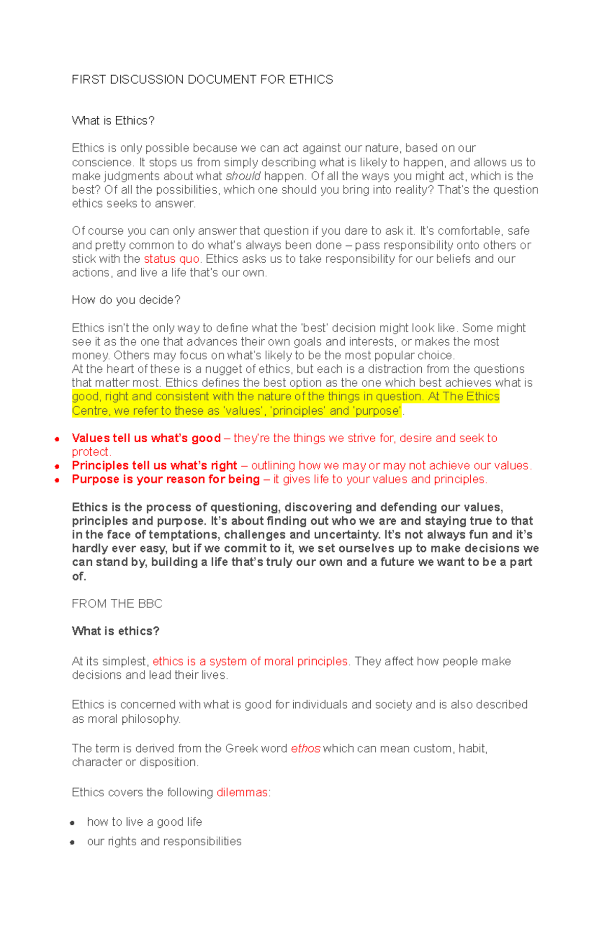 First Discussion Document FOR Ethics - FIRST DISCUSSION DOCUMENT FOR ...