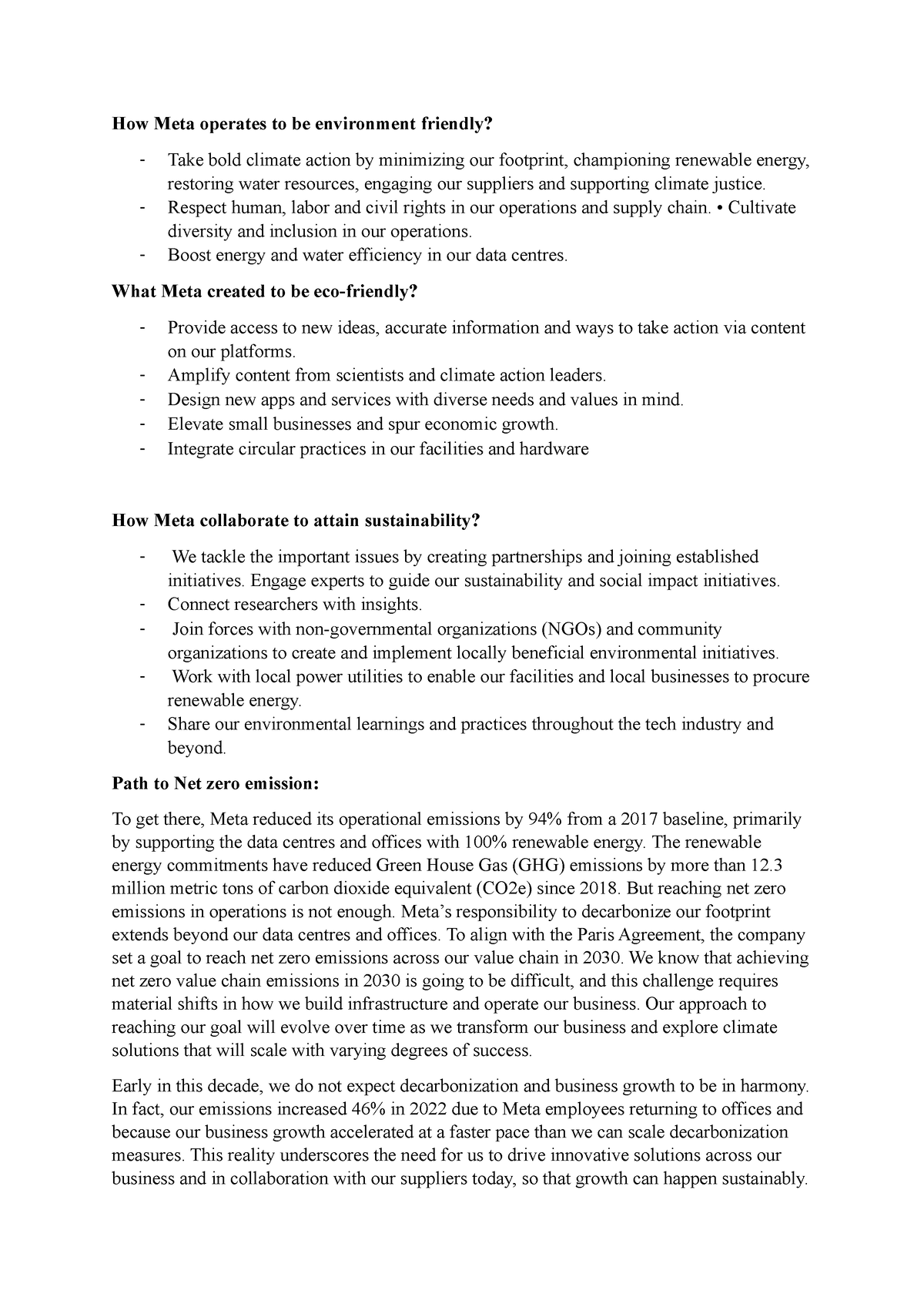 Sustainability Summary - How Meta Operates To Be Environment Friendly 