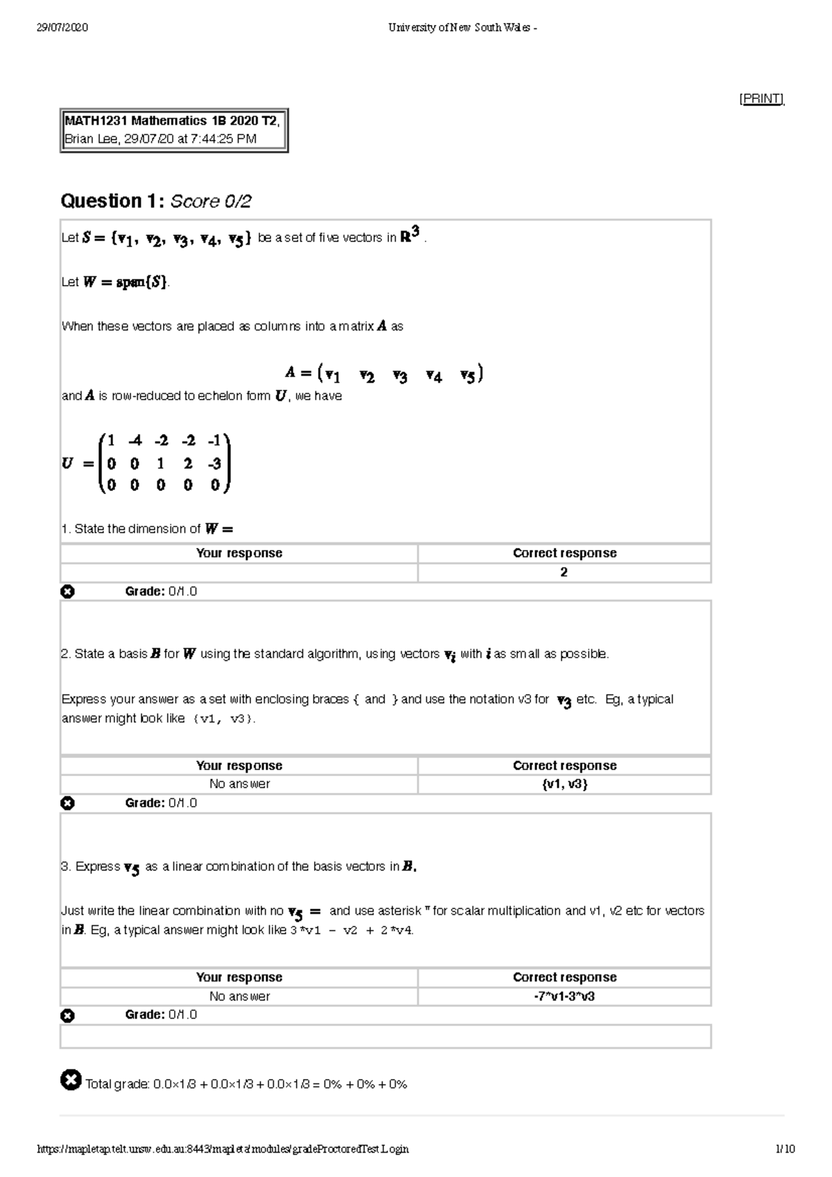Test 07 2020, questions and answers - [PRINT] MATH1231 Mathematics 1B ...