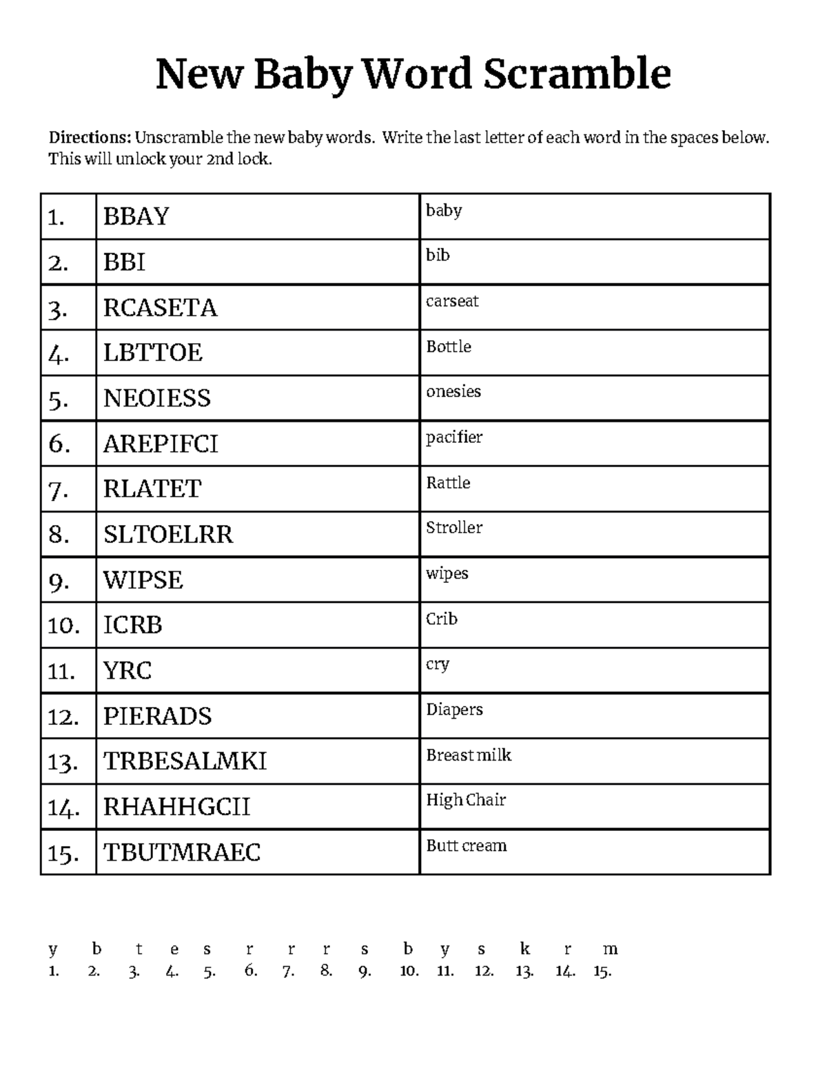 Baby Word Scramble - New Baby Word Scramble Directions: Unscramble the ...