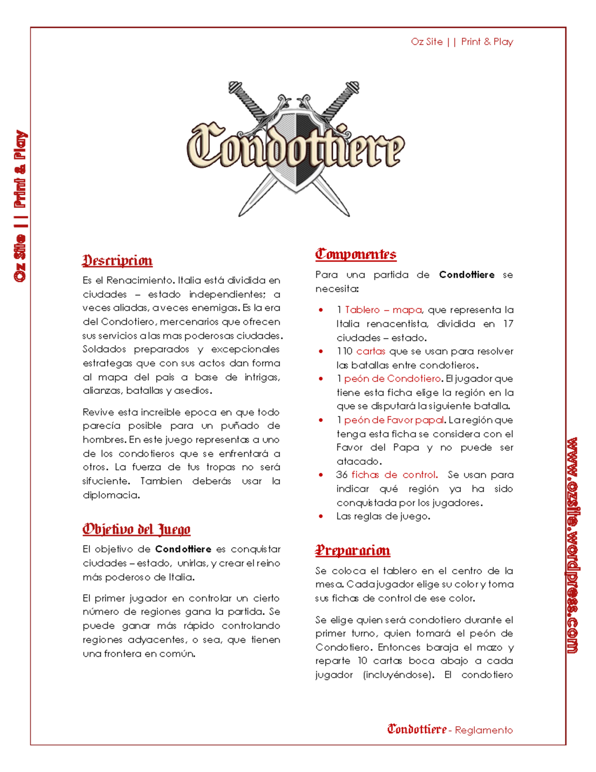 Condottiere reglas - Descripcion Es el Renacimiento. Italia está ...