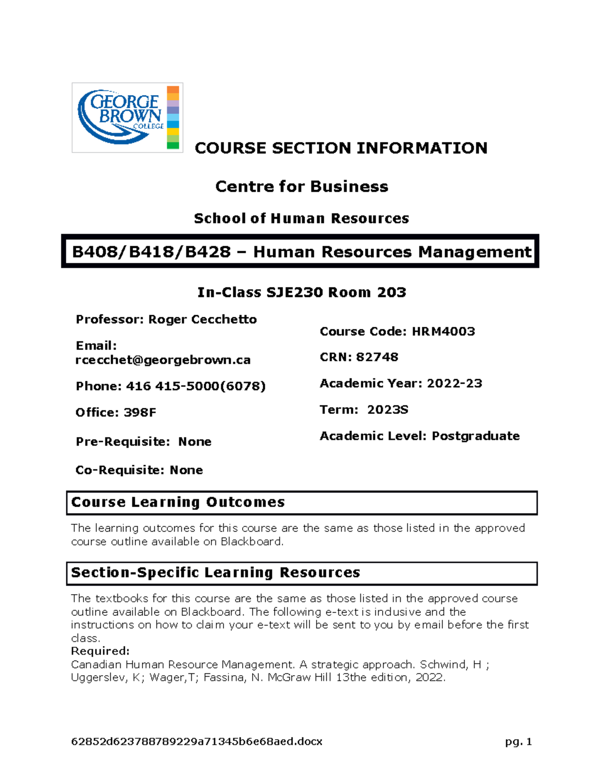 HRM4003 - Course Outline, Supplement Summer 2023 - COURSE SECTION ...