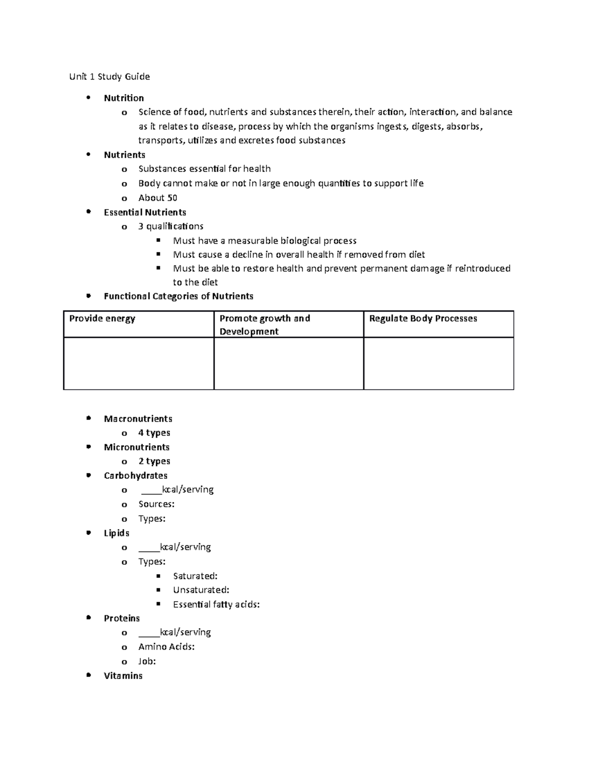 Unit 1 Study Guide - Unit 1 Study Guide Nutrition O Science Of Food ...