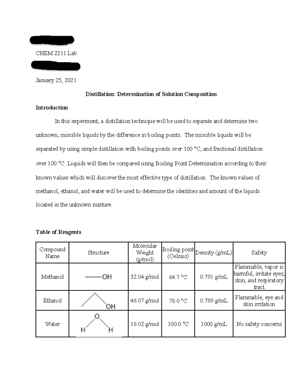 Chem2211lexperiment 2 Josey Walker Chem 2211 Lab Anna Batchelor January 25 2021 Distillation Chem2211lexperiment 2 Josey Walker Chem 2211 Lab Anna Batchelor January 25 2021 Distillation