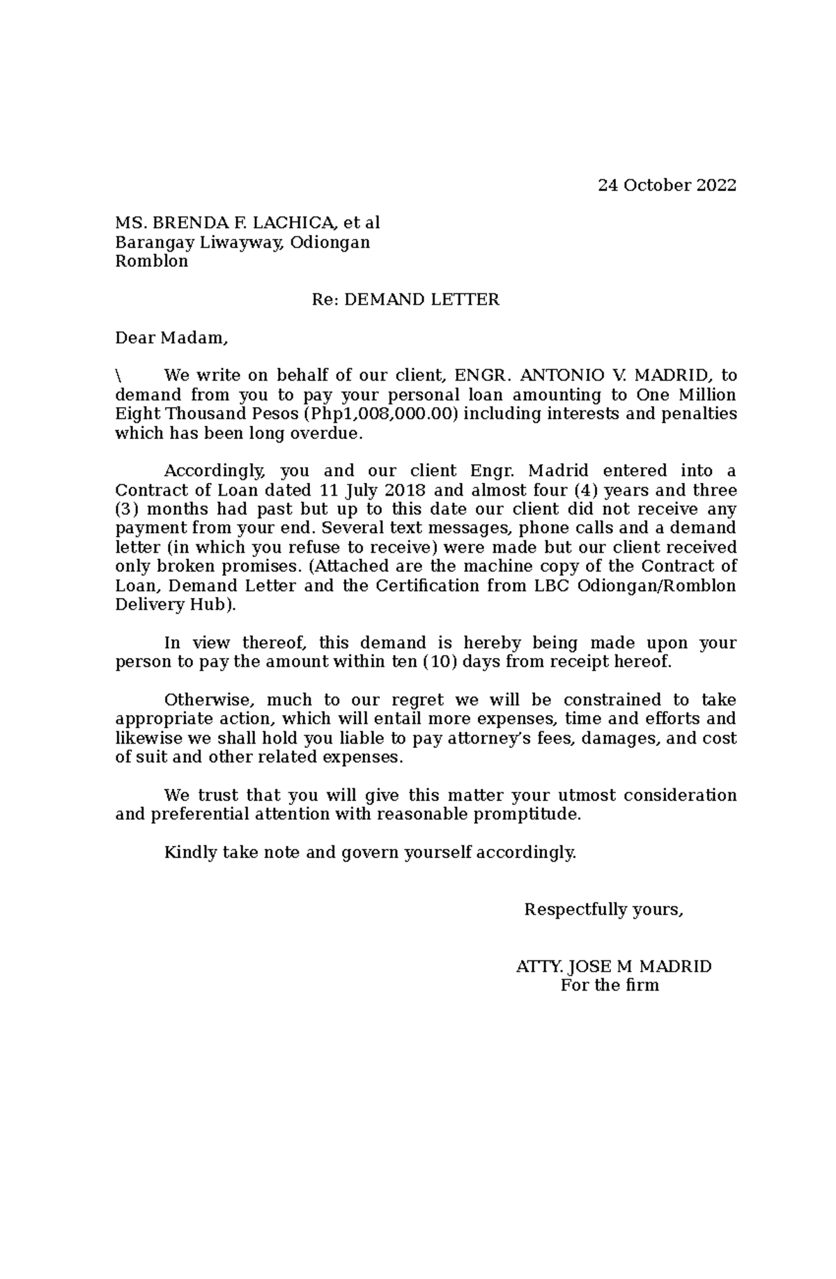 Demand Letter - Brenda Lachica - 24 October 2022 MS. BRENDA F. LACHICA ...