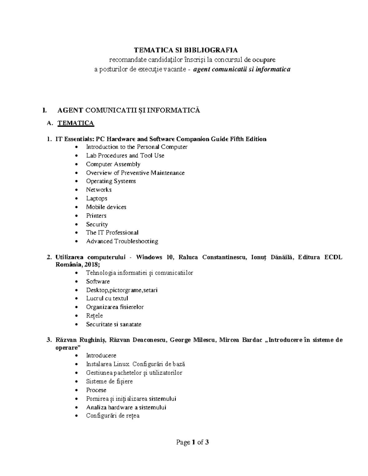 Agent comunicatii si informatica Tematica SI Bibliografie 05 - Page 1 ...