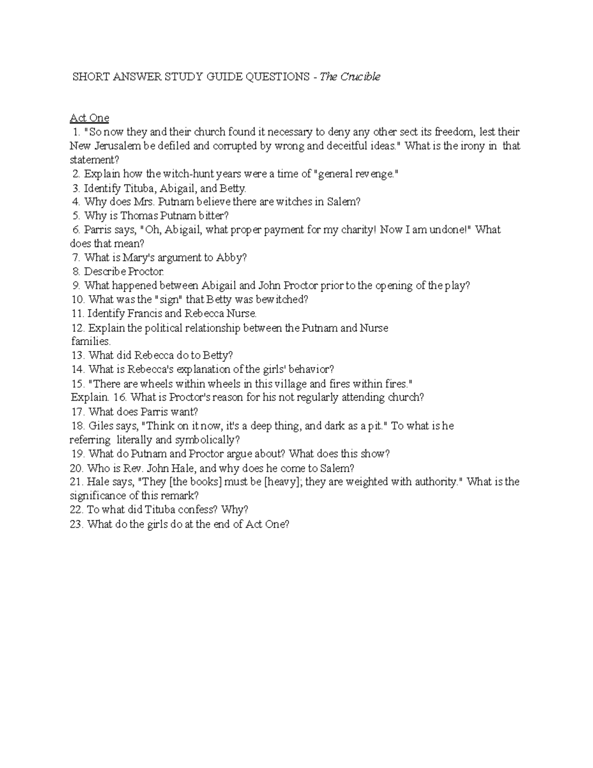 Kutschman 2023 Crucible Study Guide Questions - SHORT ANSWER STUDY ...