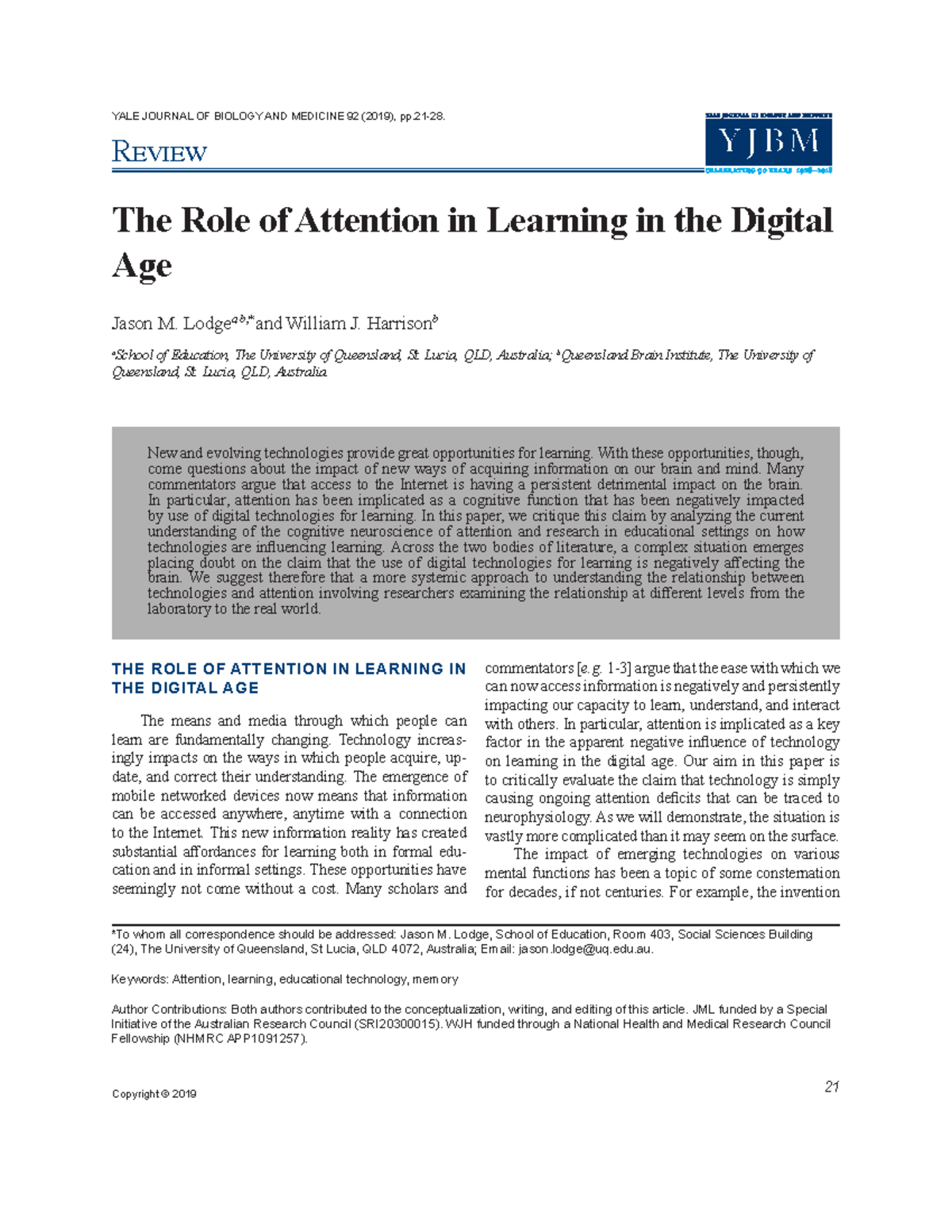 Lodge 2019 The role of attention in learning in the digital age - YALE ...