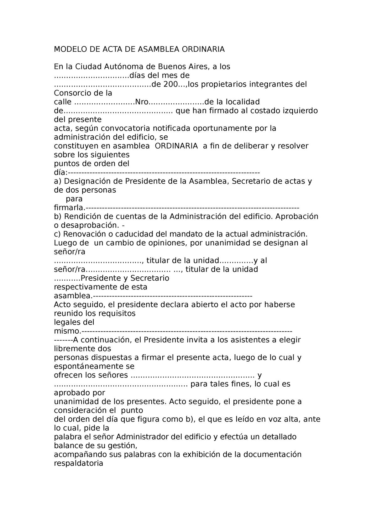 Modelo DE ACTA DE Asamblea Ordinaria - MODELO DE ACTA DE ASAMBLEA ...